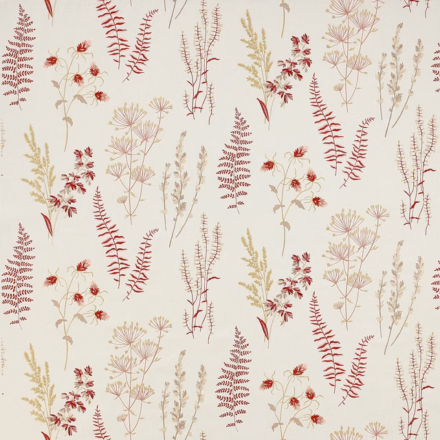 Cream floral fabric with berry red and pale gold botanical stems