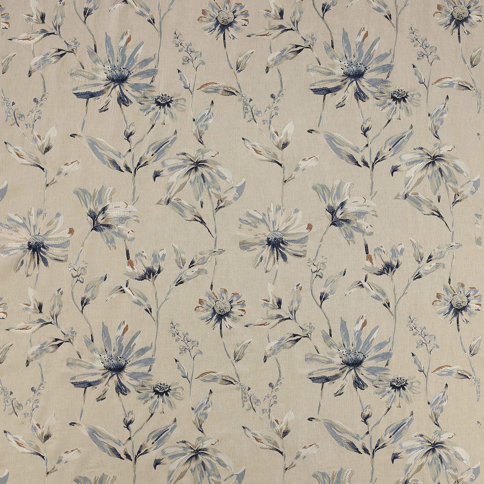 Painterly blue floral sprigs on a warm linen ground, with softly brushed leaves