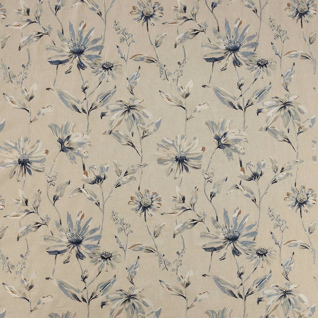 Painterly blue floral sprigs on a warm linen ground, with softly brushed leaves