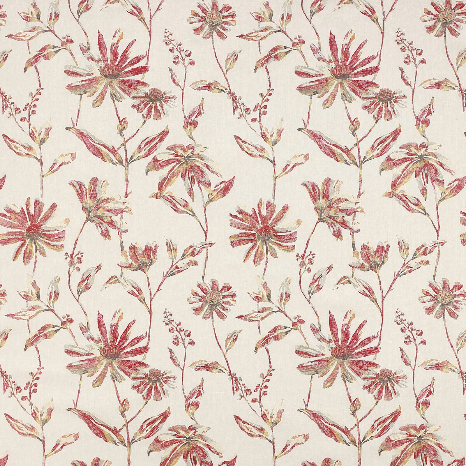 Cream floral fabric with large rose-red blossoms and soft painterly leaves