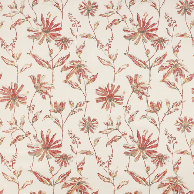Cream floral fabric with large rose-red blossoms and soft painterly leaves