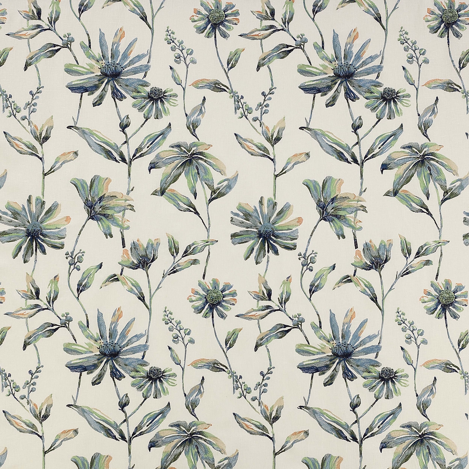 Pale ground floral fabric with soft blue and sage hand-painted flowers