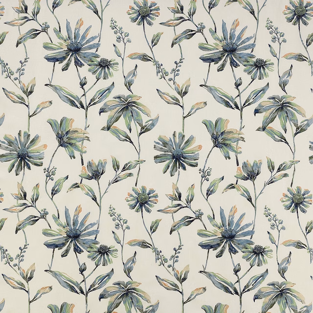 Pale ground floral fabric with soft blue and sage hand-painted flowers