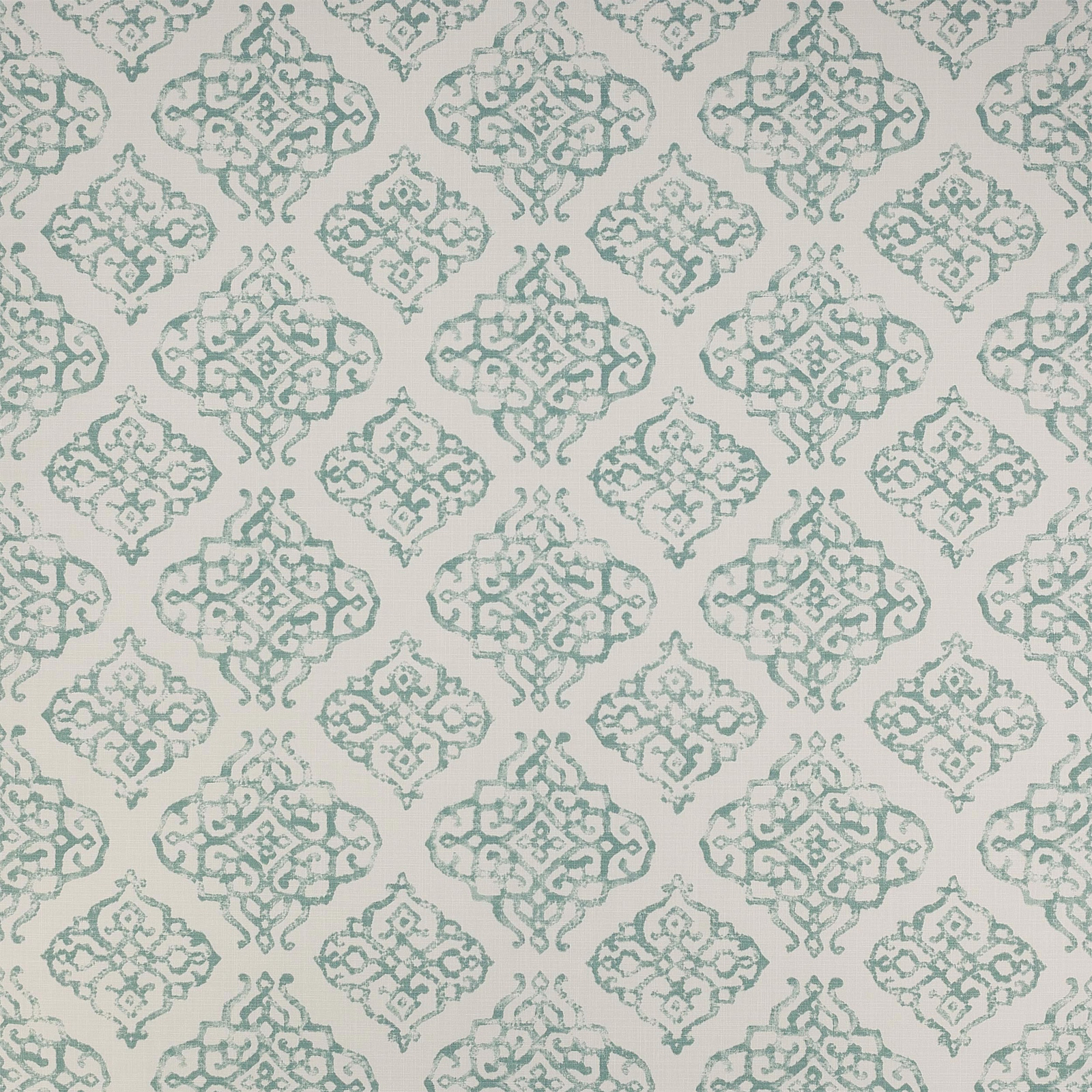 Soft aqua damask pattern on a pale ground, shown as a cotton fabric swatch