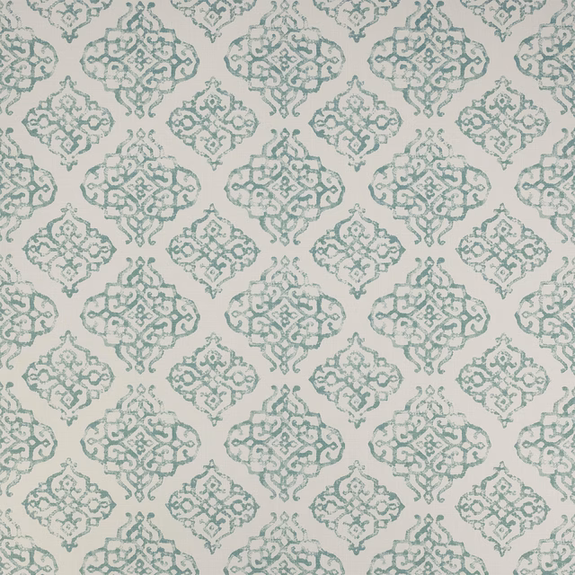 Soft aqua damask pattern on a pale ground, shown as a cotton fabric swatch