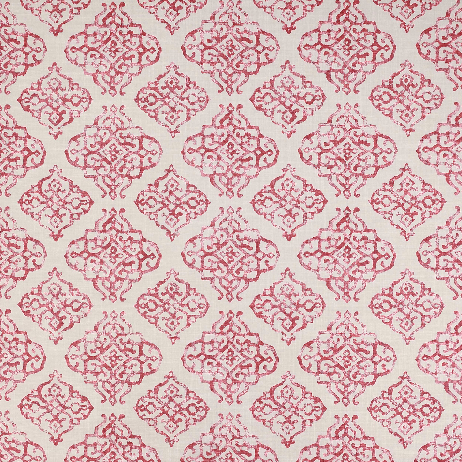 Rose-red damask motif on a cream cotton fabric swatch