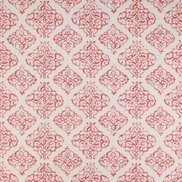 Rose-red damask motif on a cream cotton fabric swatch