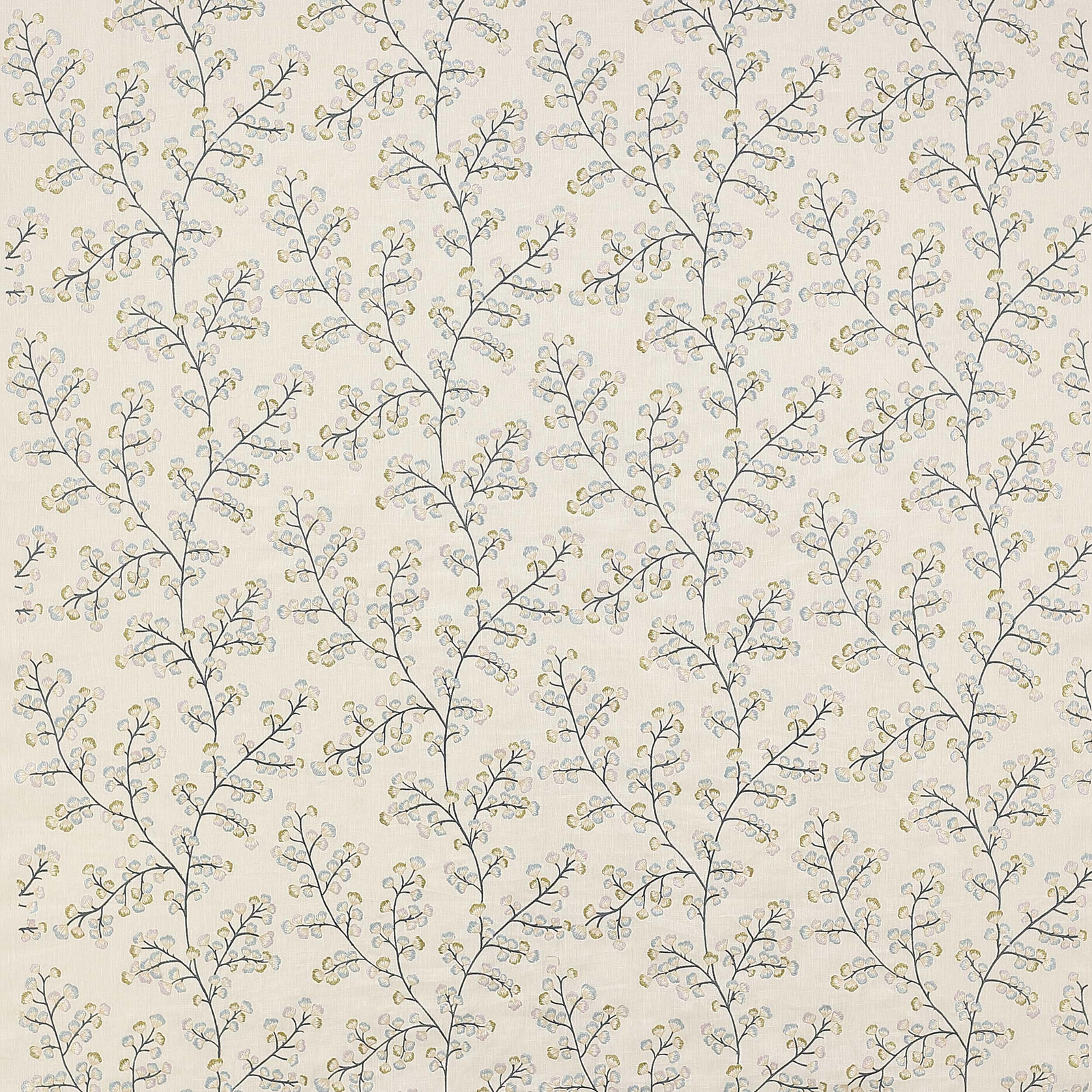 Pale cream botanical fabric with trailing blue-grey branches and tiny leaf motifs