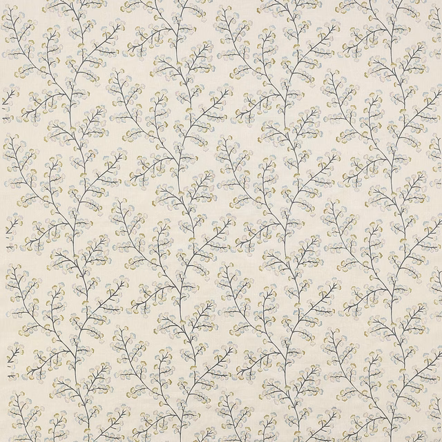 Pale cream botanical fabric with trailing blue-grey branches and tiny leaf motifs