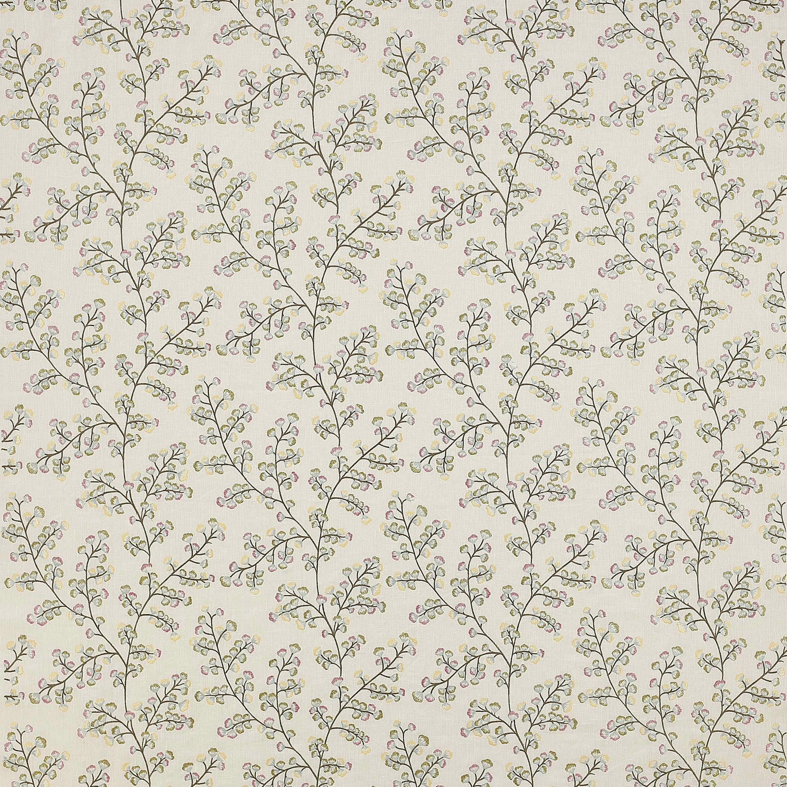 Pale botanical fabric with trailing branches and tiny pink-green leaves