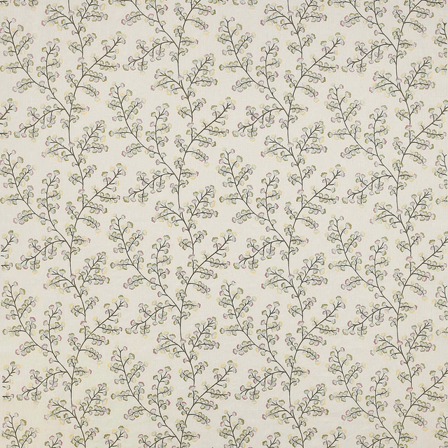 Pale botanical fabric with trailing branches and tiny pink-green leaves