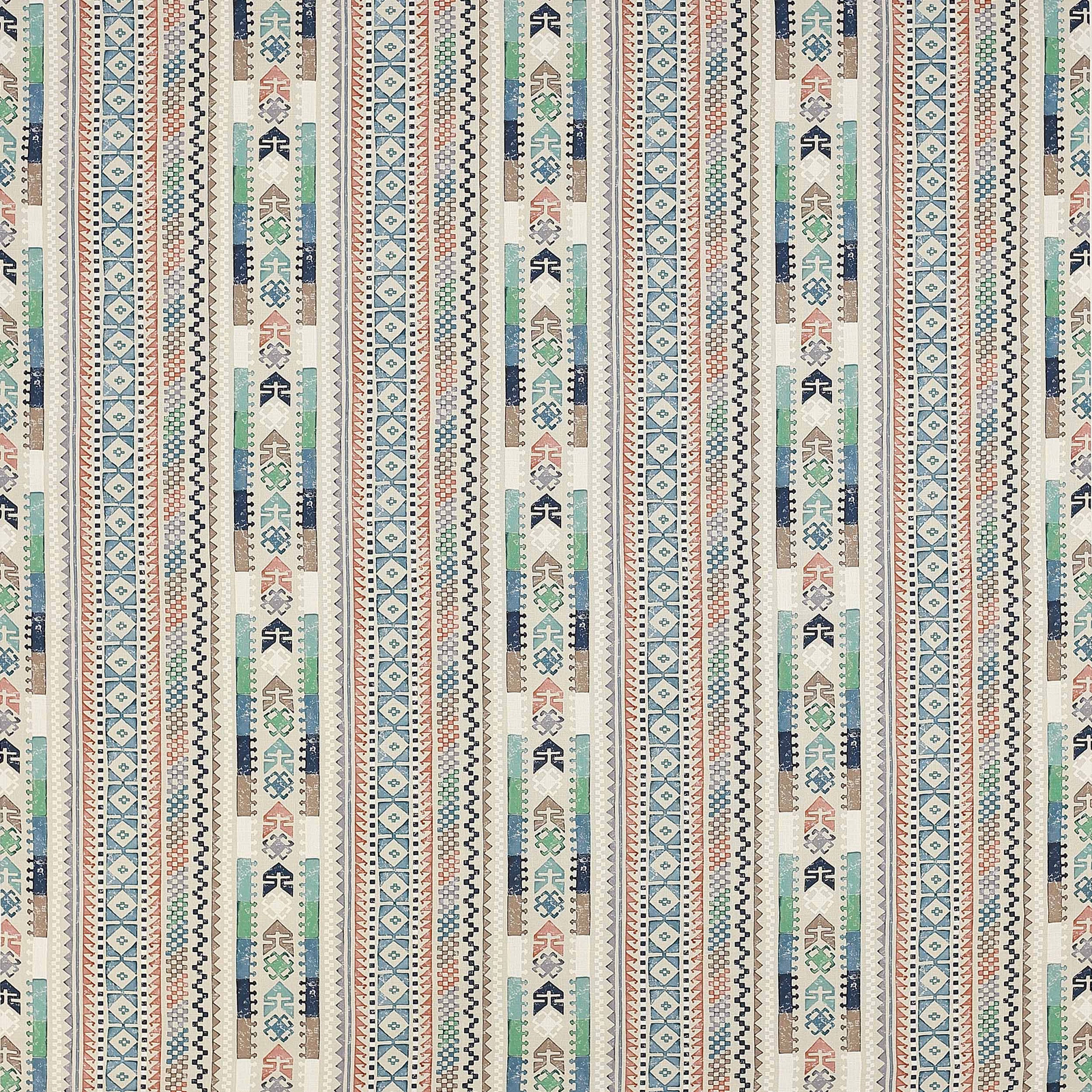 Pale blue striped fabric with tiny geometric motifs in teal, coral and navy