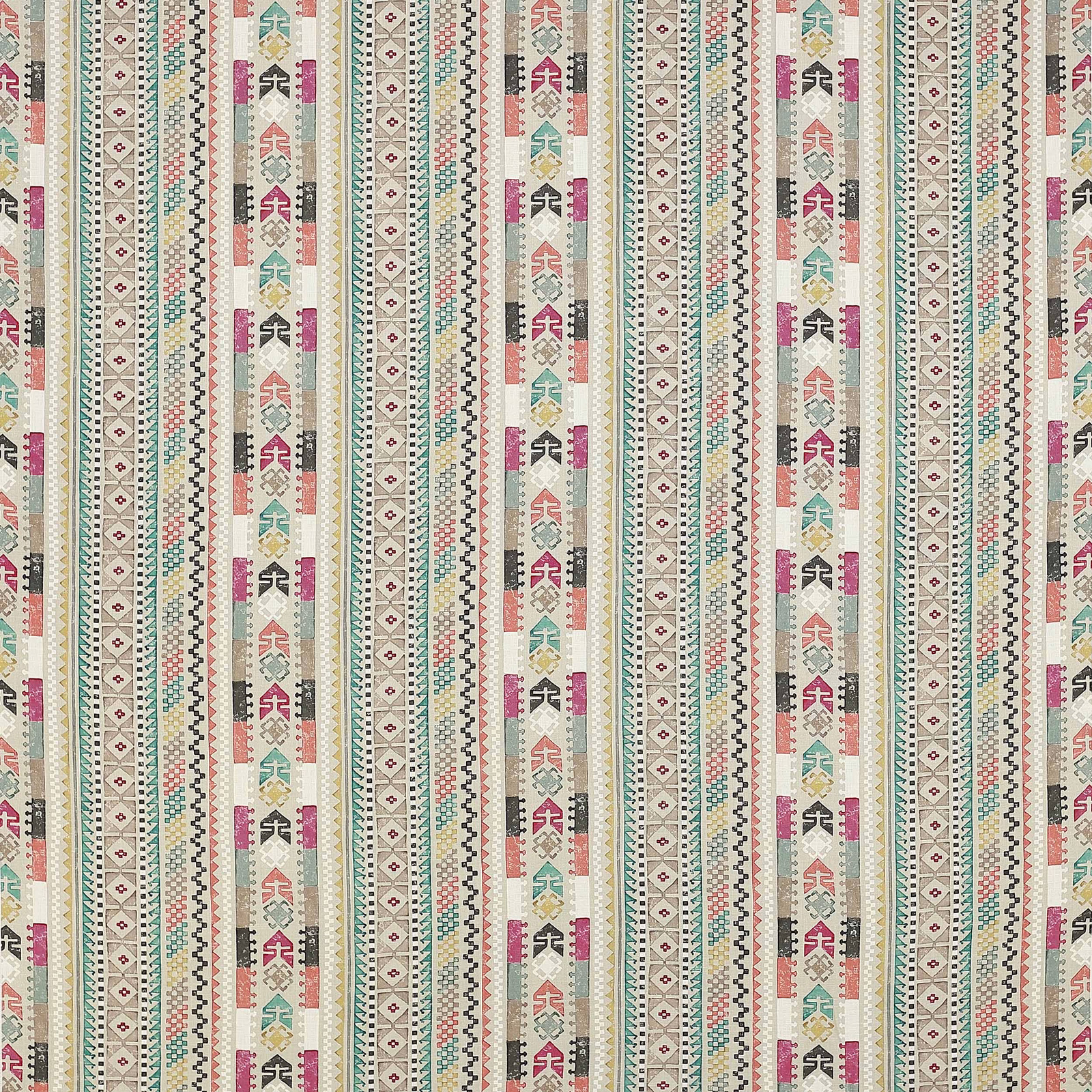 Vertical multicolour striped fabric with small geometric motifs on a pale ground