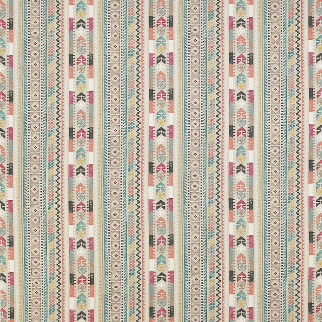 Vertical multicolour striped fabric with small geometric motifs on a pale ground