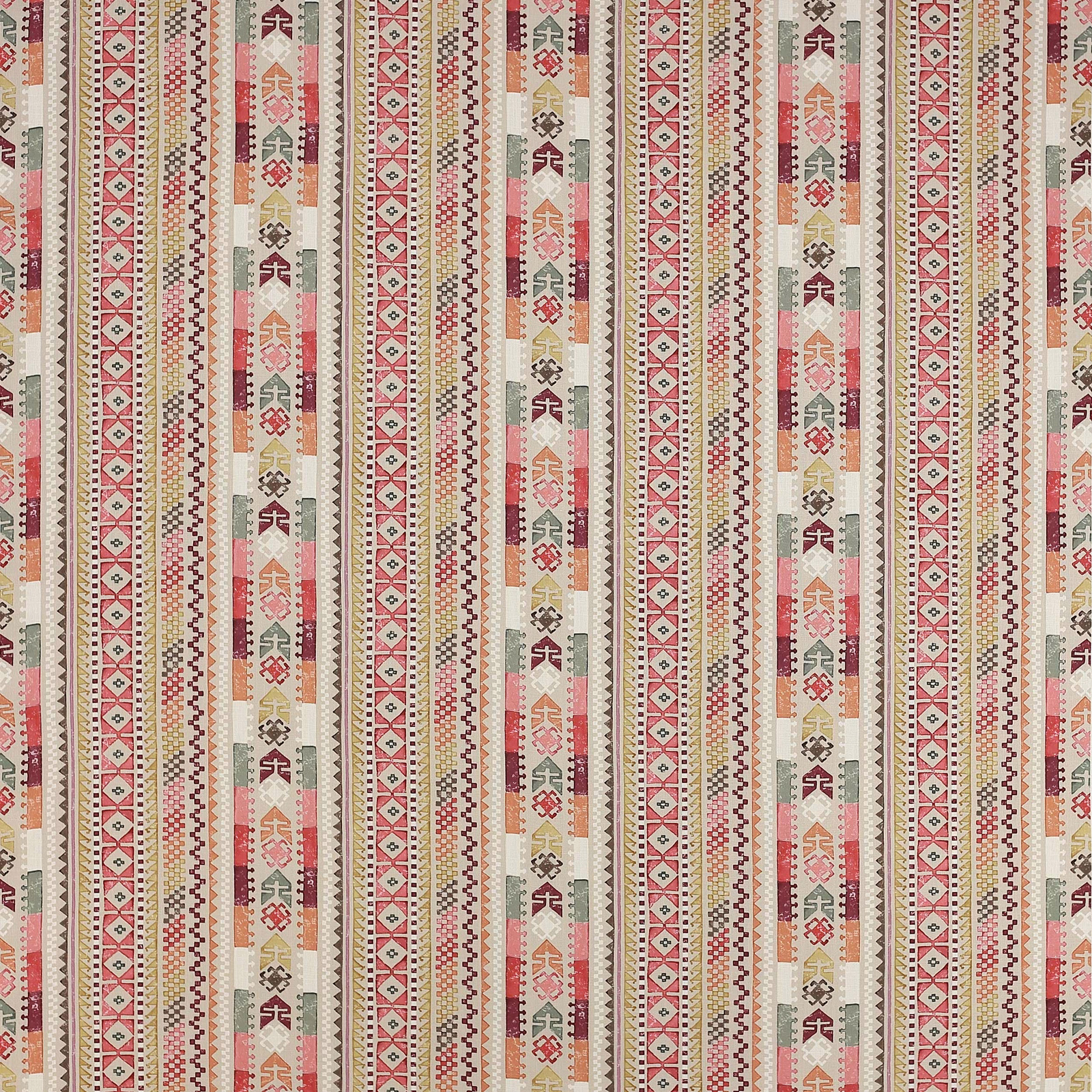Vertical striped fabric swatch in warm red, coral, olive and cream geometric motifs