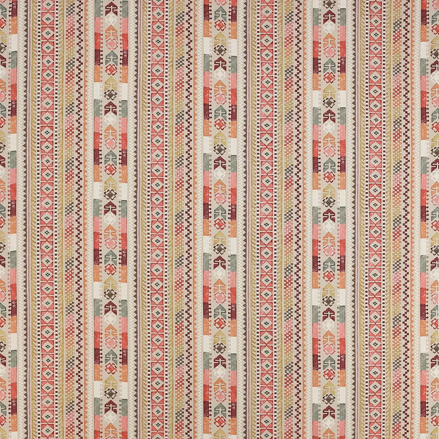 Vertical striped fabric swatch in warm red, coral, olive and cream geometric motifs