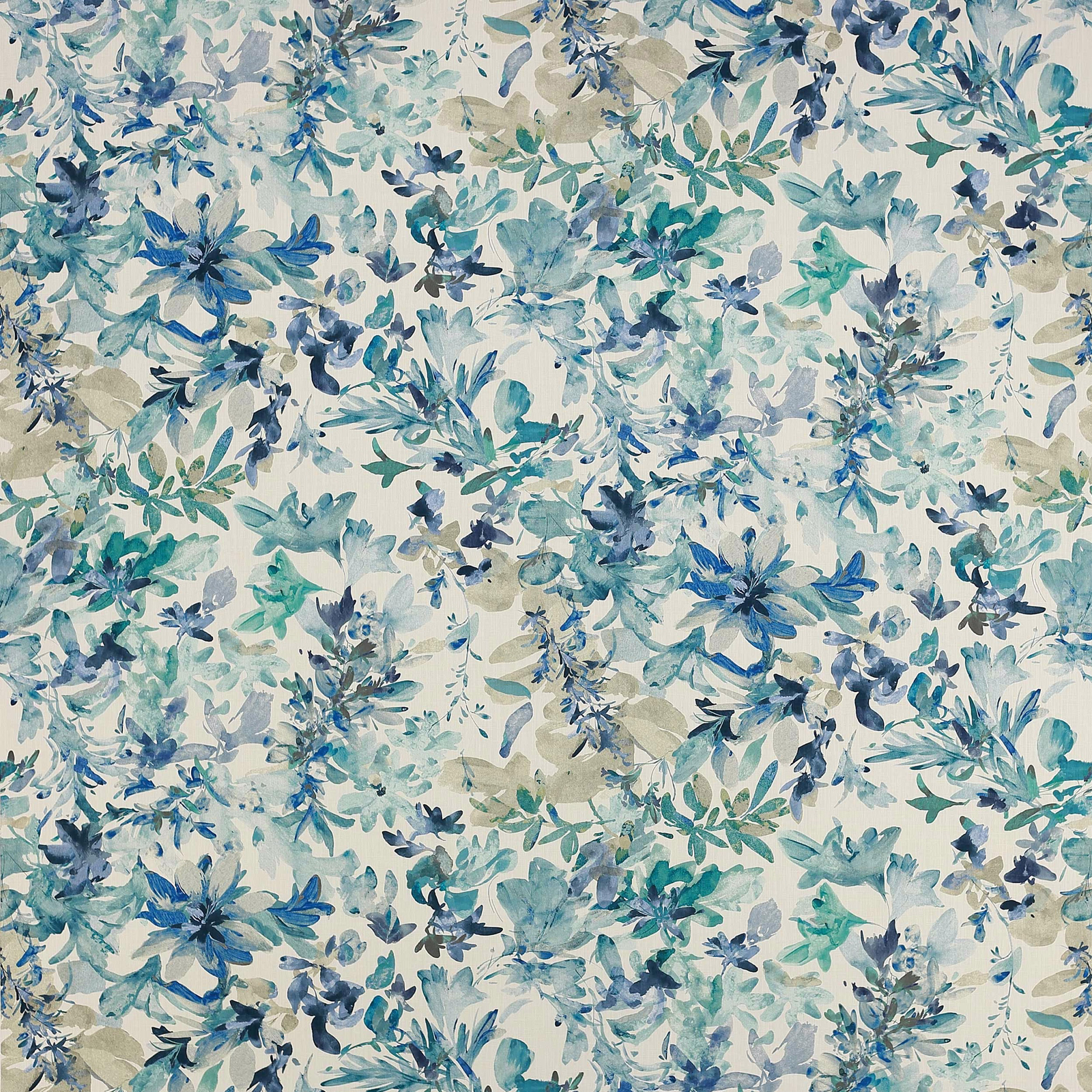 Watercolour floral fabric in aqua, teal and blue on an ivory ground