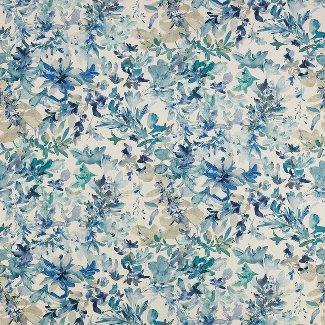 Watercolour floral fabric in aqua, teal and blue on an ivory ground