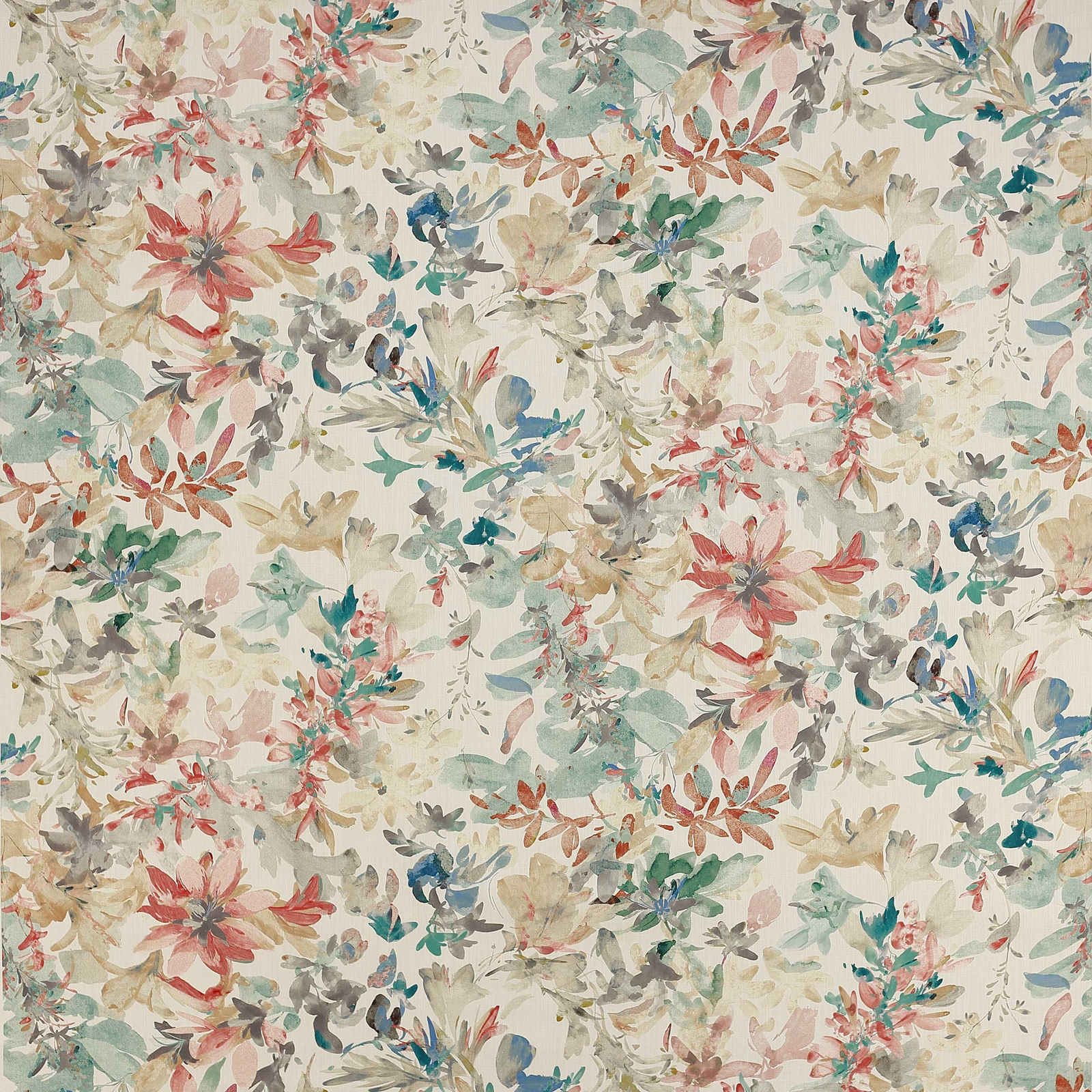 Painterly floral fabric on an ivory ground with sage, teal, blush and coral blooms