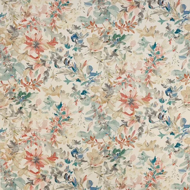 Painterly floral fabric on an ivory ground with sage, teal, blush and coral blooms