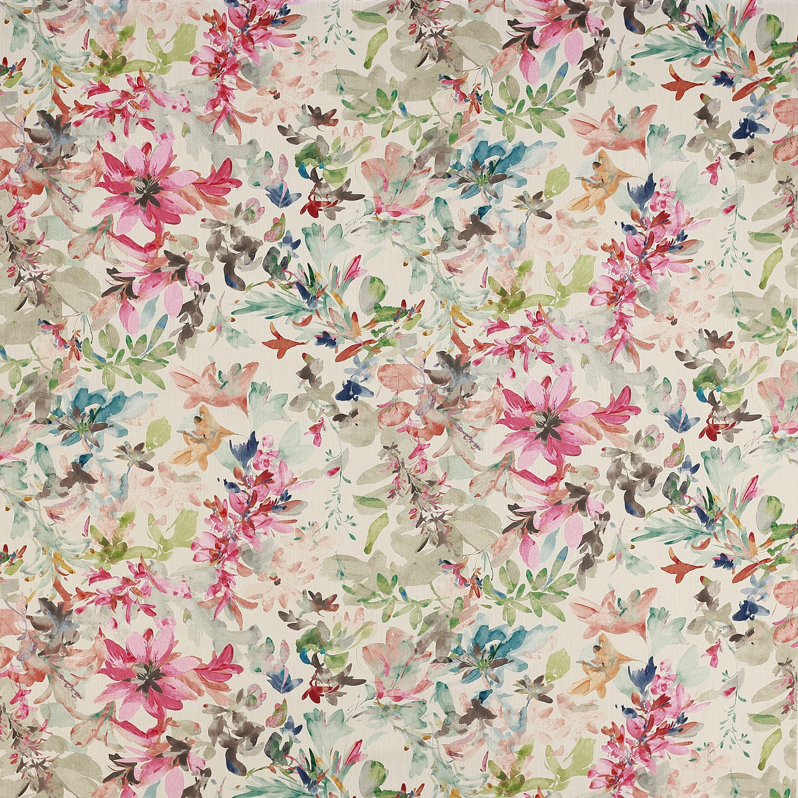 Painterly pink and green floral fabric on an ivory ground