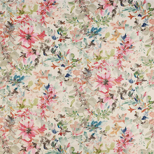 Painterly pink and green floral fabric on an ivory ground