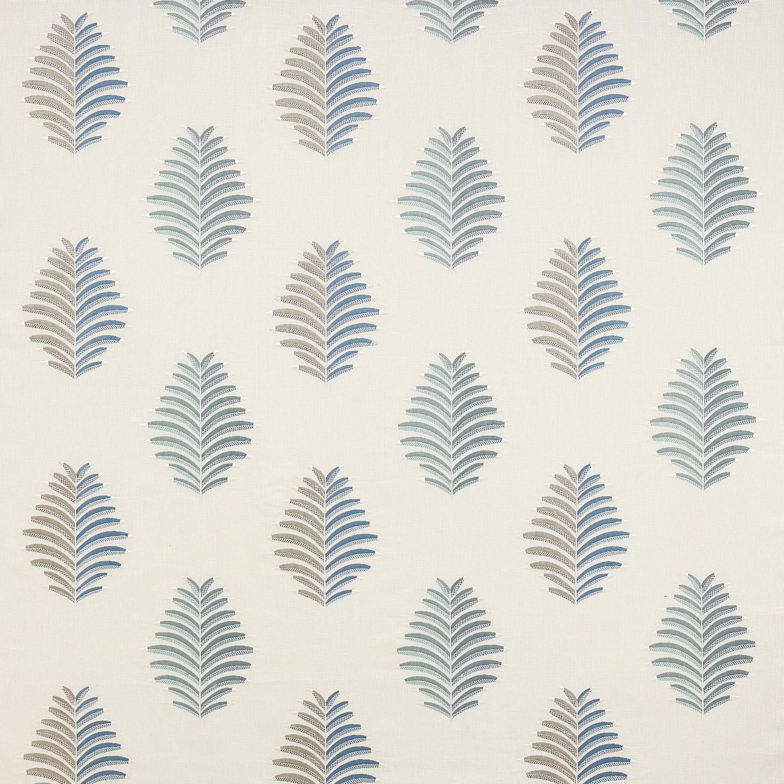 Pale ground fabric with repeating blue and sage leaf motifs