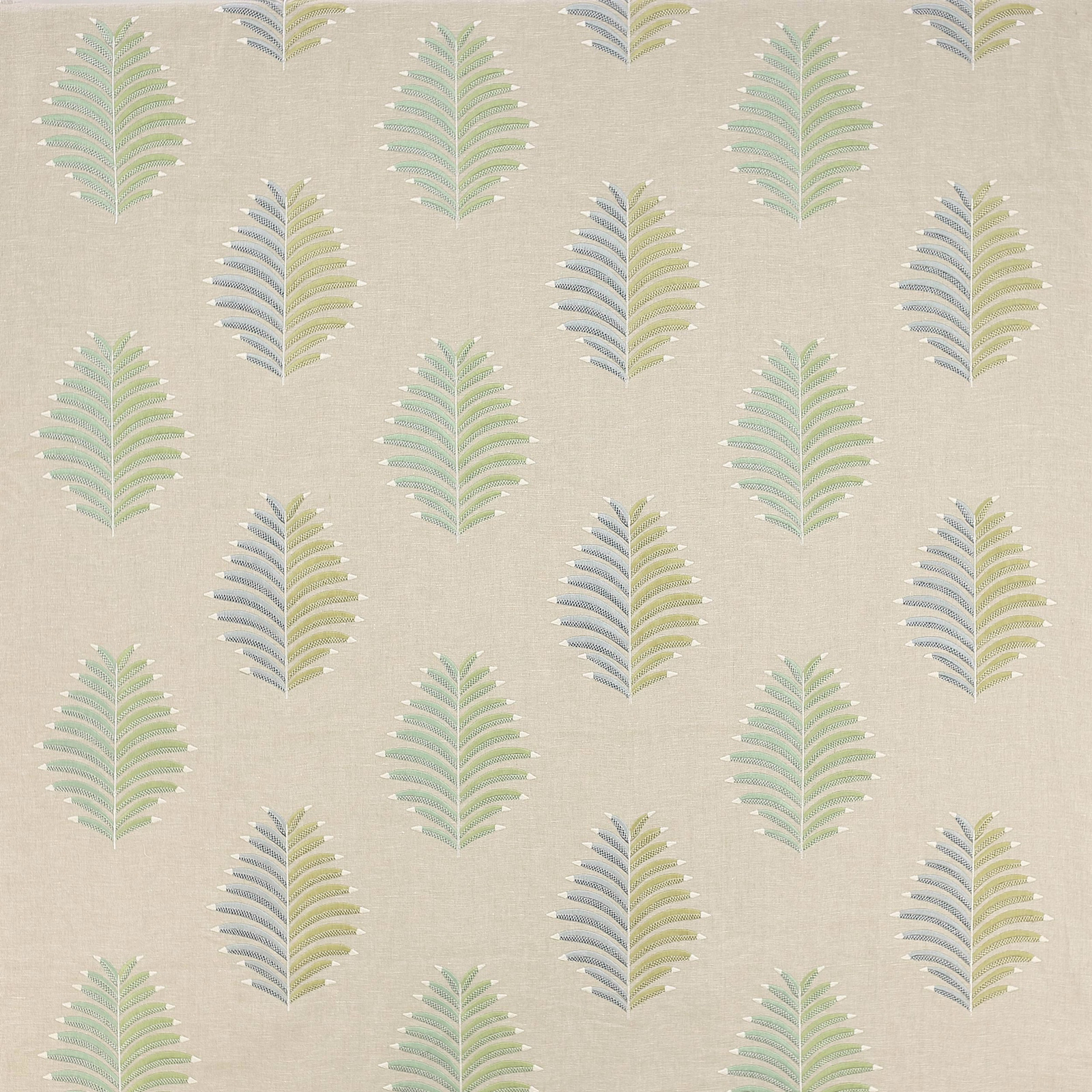 Swatch of Tambour Green Vita fabric with small leaf motifs on a warm neutral ground