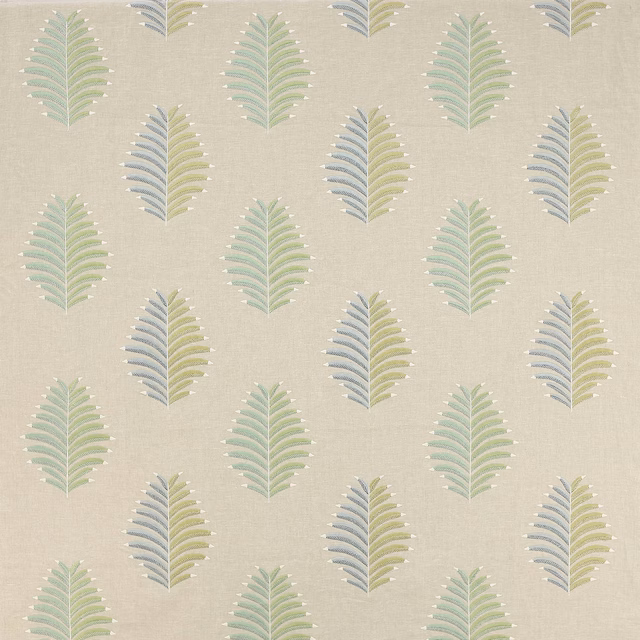 Swatch of Tambour Green Vita fabric with small leaf motifs on a warm neutral ground