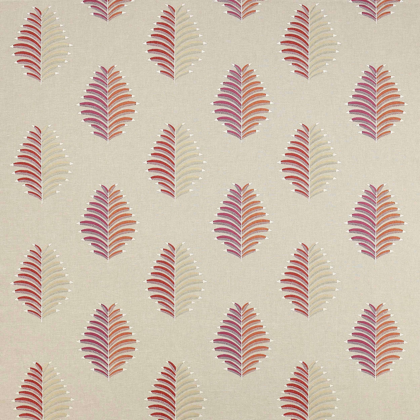 Cream ground fabric with repeated red, pink and coral leaf motifs