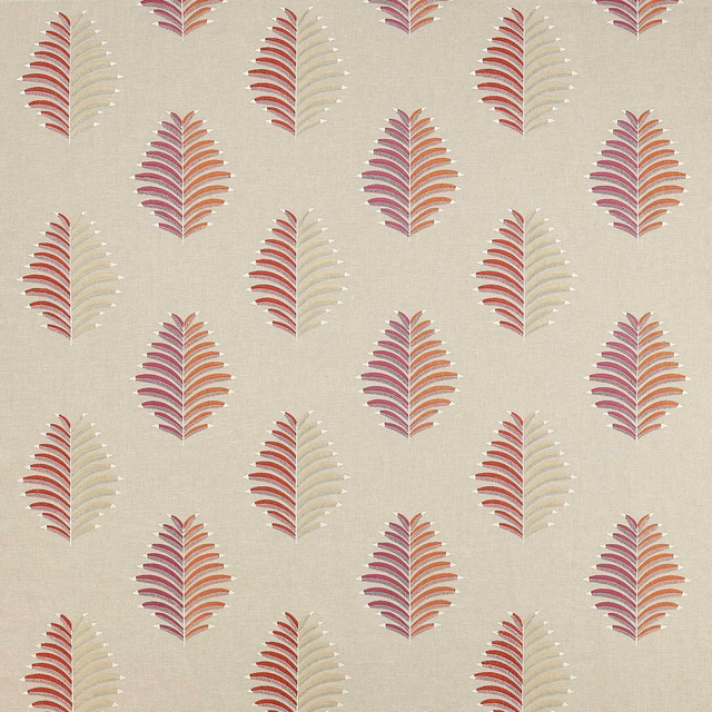 Cream ground fabric with repeated red, pink and coral leaf motifs