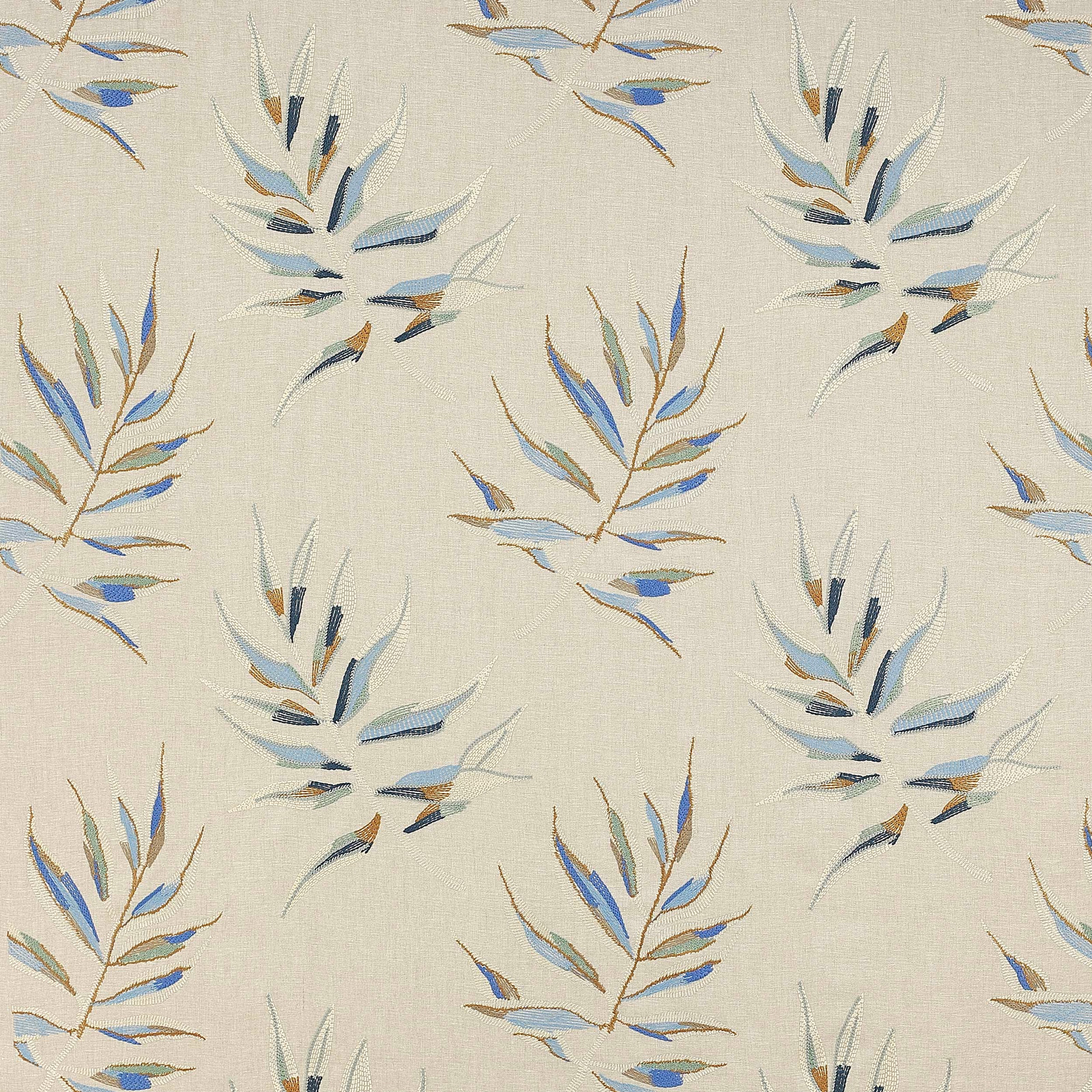 Cream fabric swatch with scattered embroidered blue and gold leafy sprays