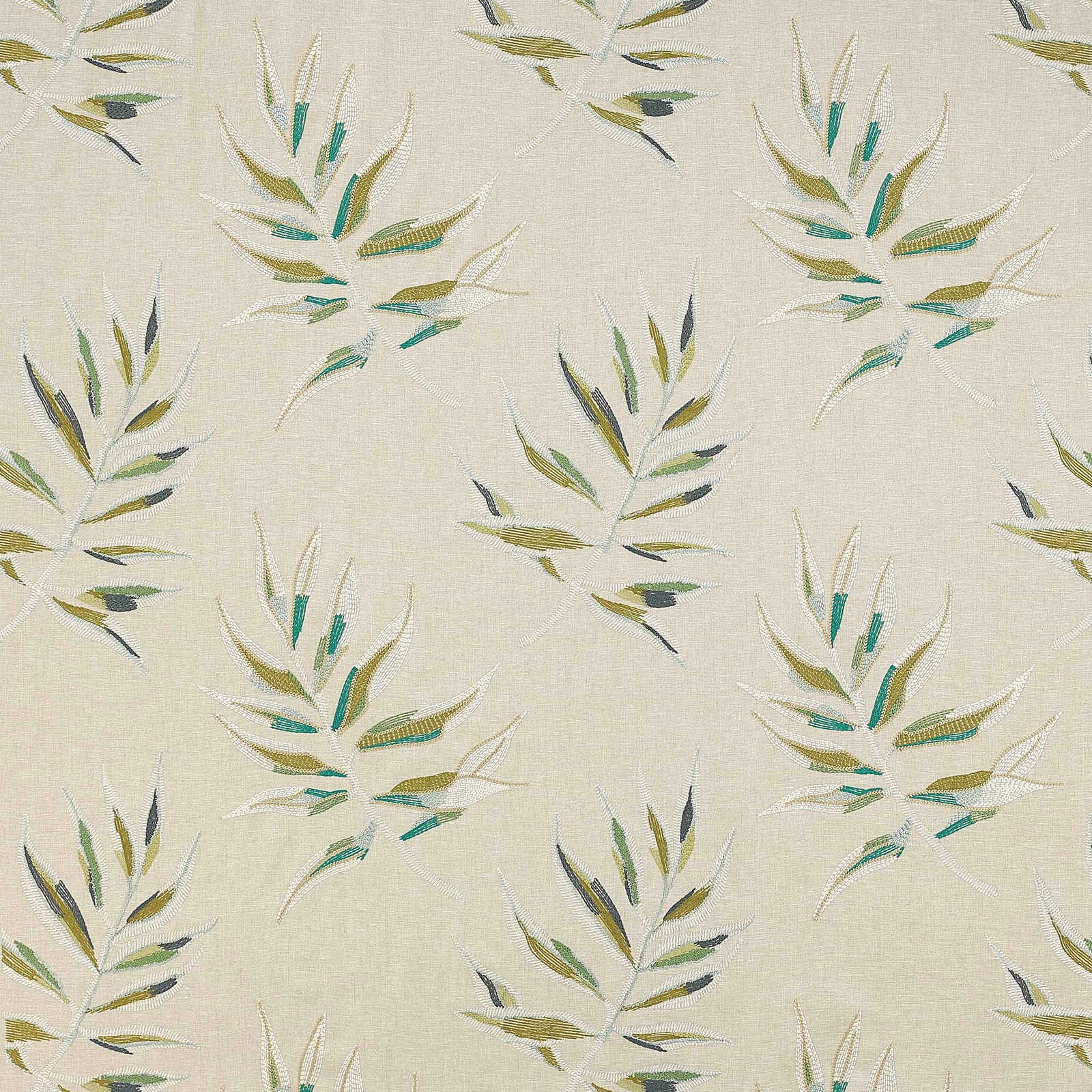 Cream botanical fabric with green, teal and olive leaf sprays on a woven ground
