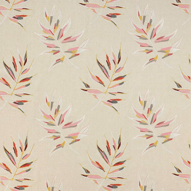 Cream ground fabric with scattered embroidered leaf sprigs in red, pink and ivory