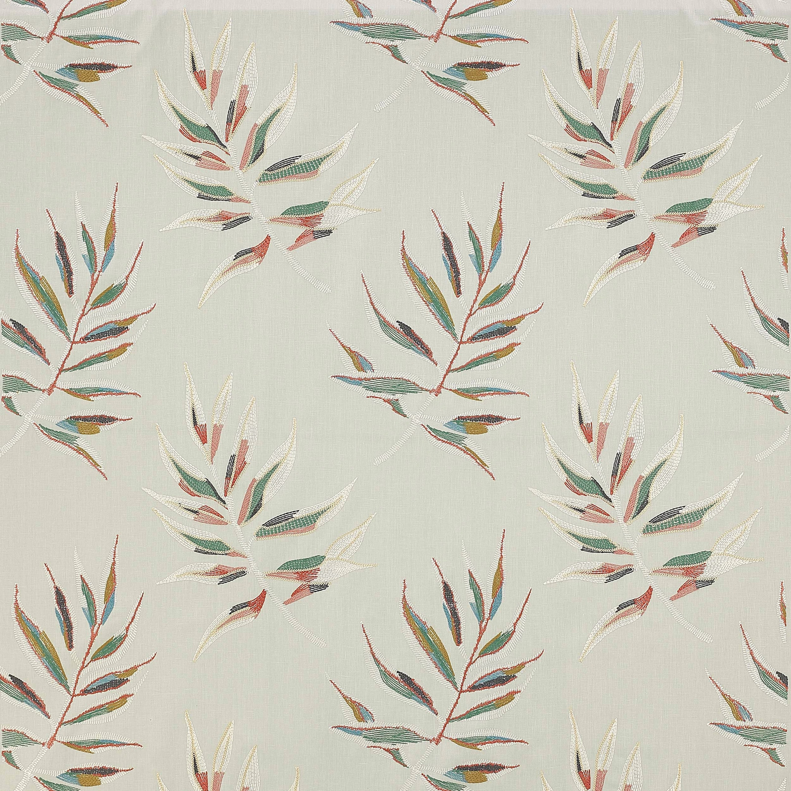 Pale aqua botanical fabric with teal, copper and coral leaf sprays