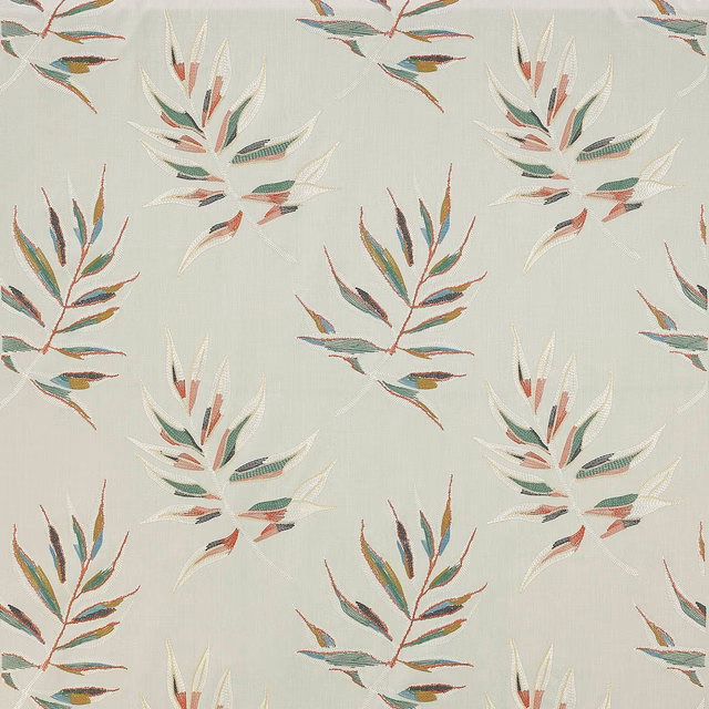 Pale aqua botanical fabric with teal, copper and coral leaf sprays