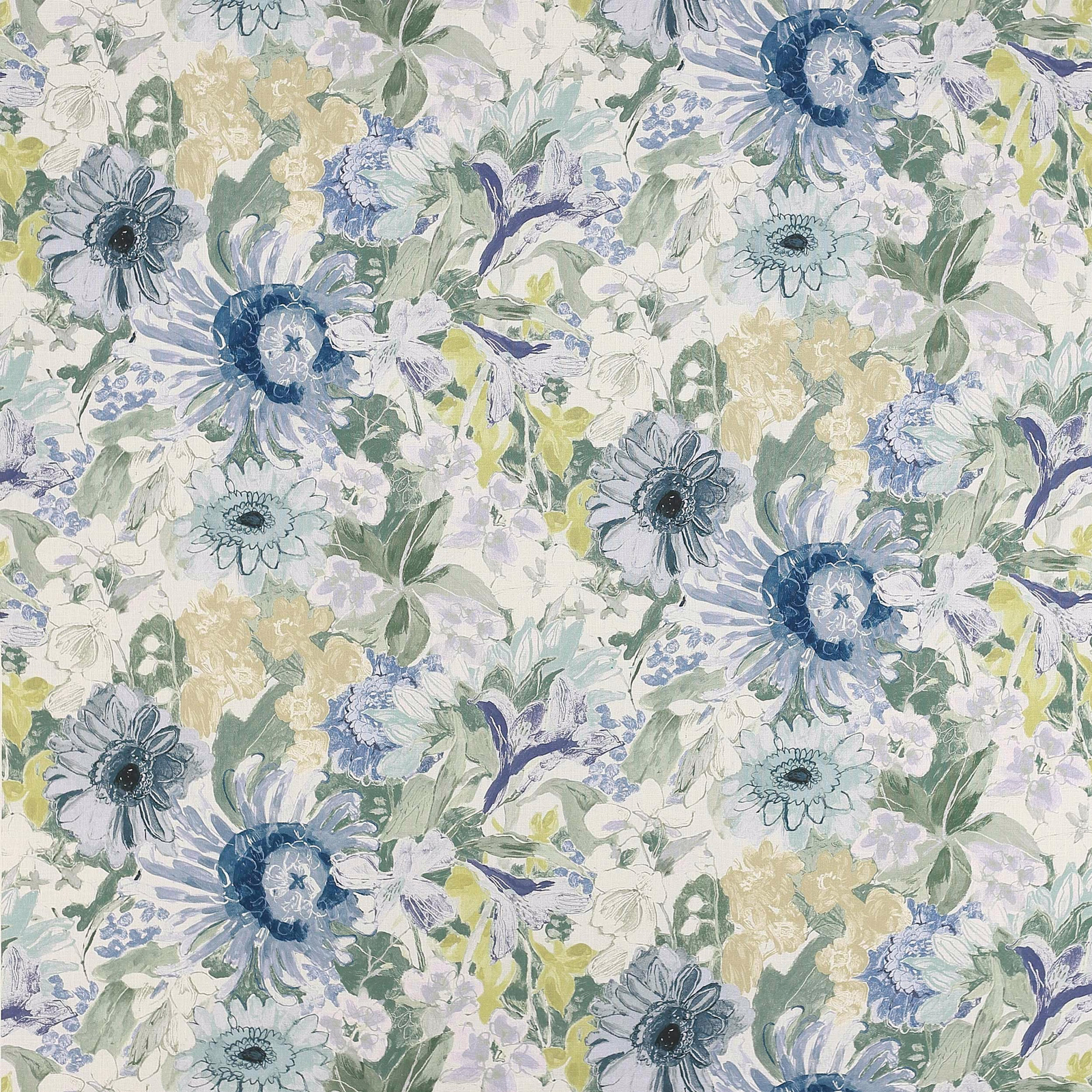 Painterly blue and green floral fabric with large loose blossoms on a pale ground