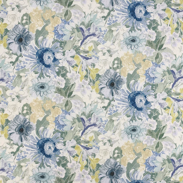 Painterly blue and green floral fabric with large loose blossoms on a pale ground
