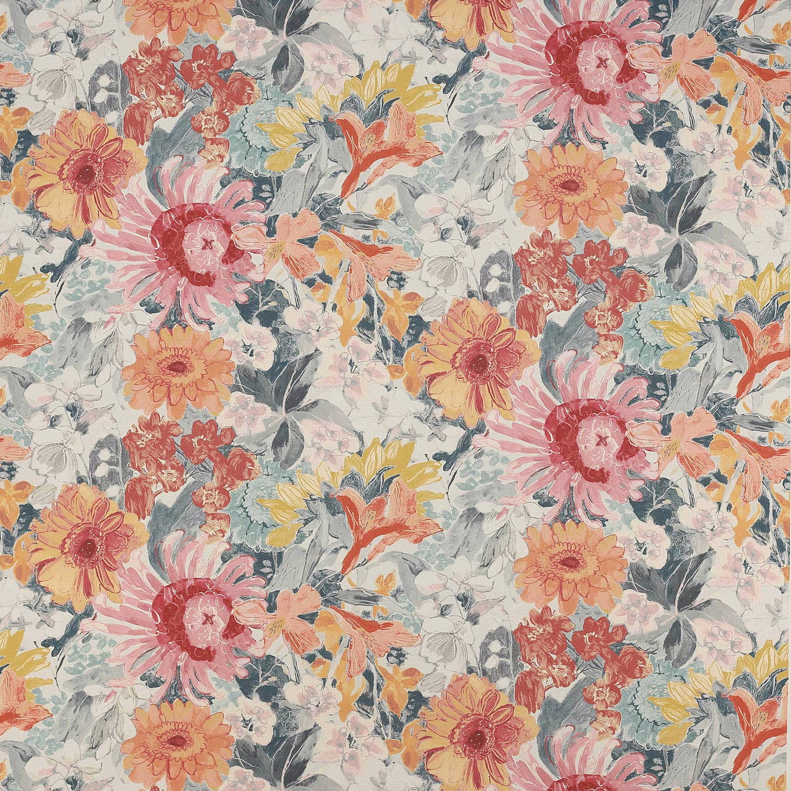 Painterly floral fabric with coral, pink, yellow and grey-green blooms on a pale ground