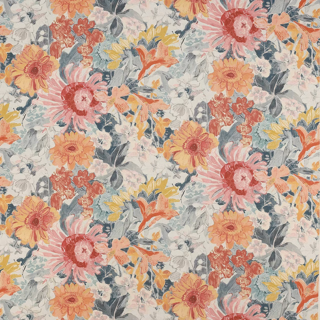 Painterly floral fabric with coral, pink, yellow and grey-green blooms on a pale ground
