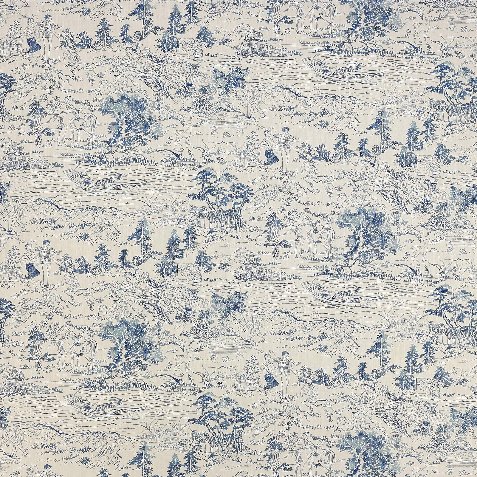 Pale scenic toile fabric in soft blue on an ivory ground, showing trees, figures and horses