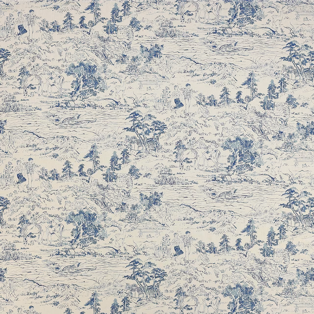 Pale scenic toile fabric in soft blue on an ivory ground, showing trees, figures and horses