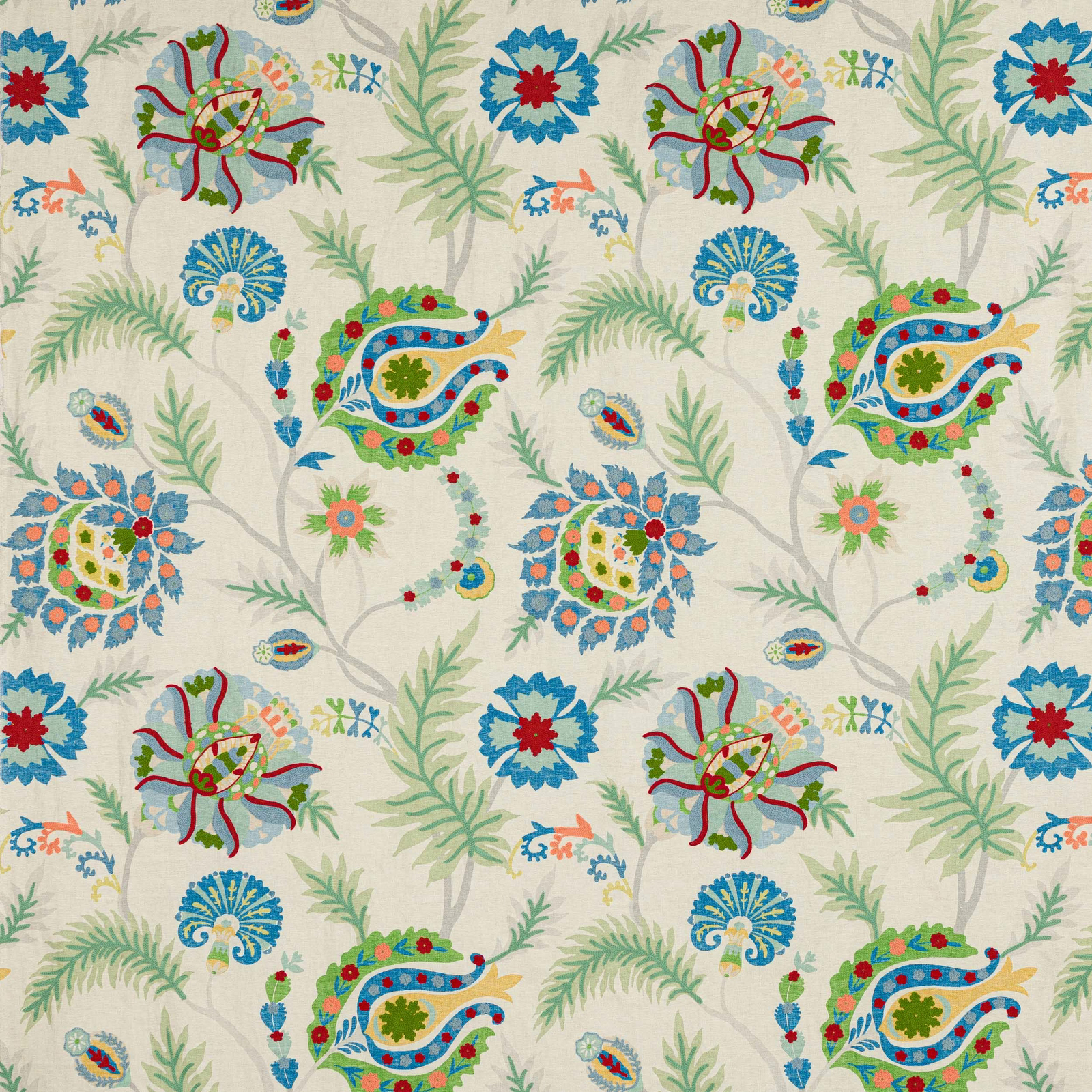Painterly botanical fabric in green, blue, red and coral on an ivory ground