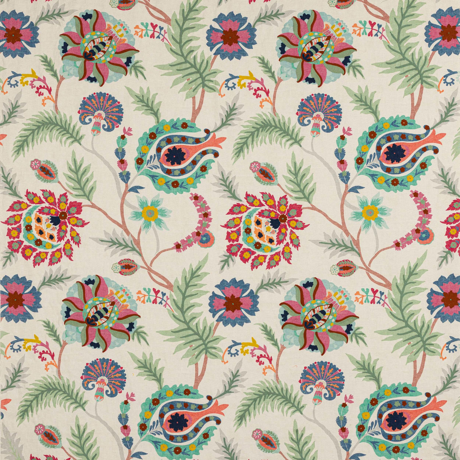 Large multicoloured floral and paisley fabric on an ivory ground with pink and navy accents