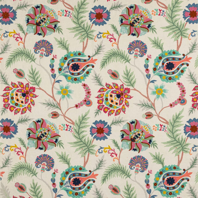 Large multicoloured floral and paisley fabric on an ivory ground with pink and navy accents