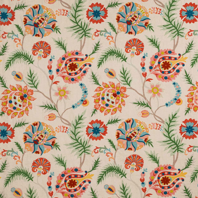 Cream-ground floral fabric with coral red, teal and green motifs