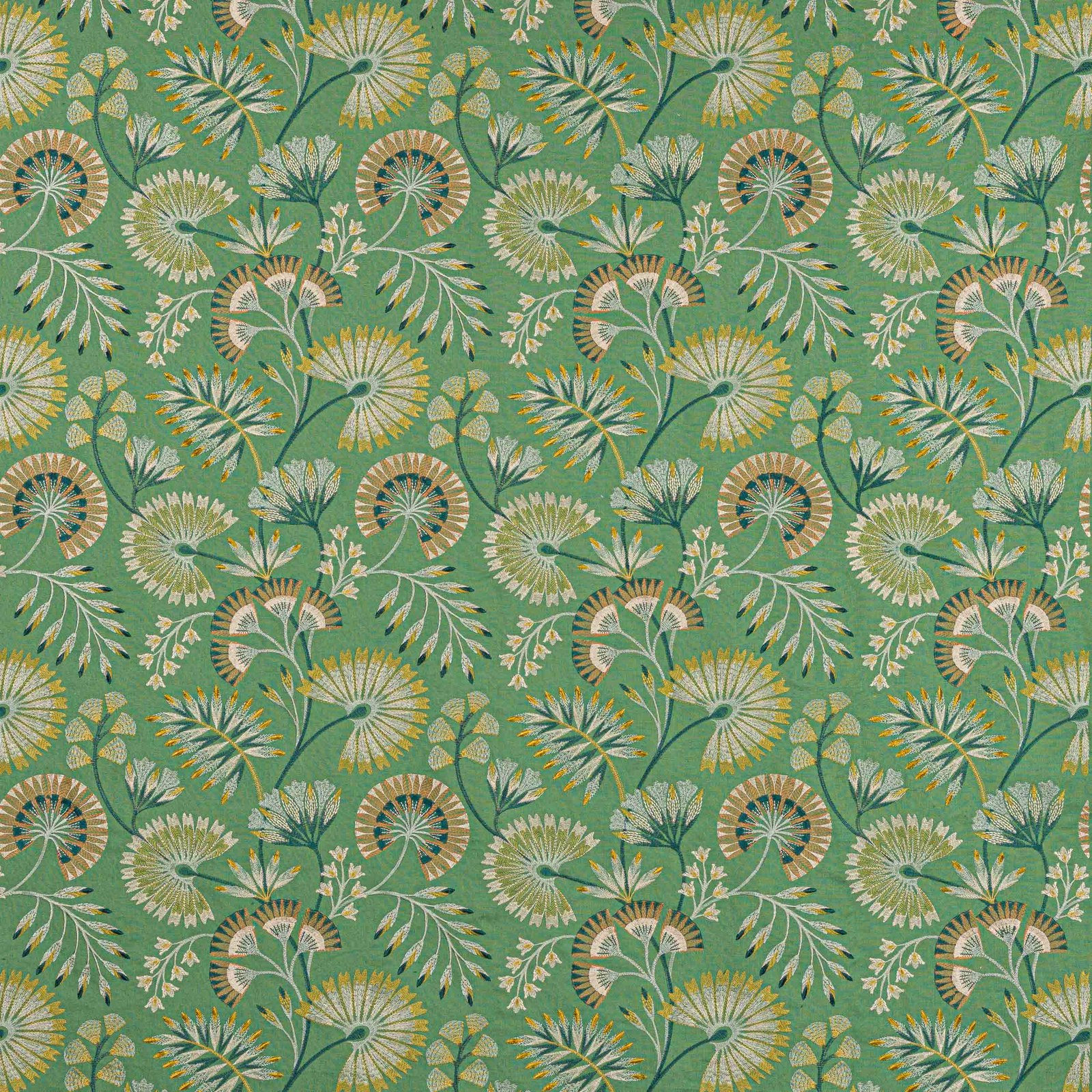 Emerald green botanical fabric with cream and gold fan-shaped leaf motifs