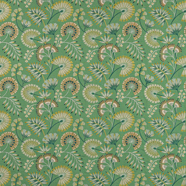 Emerald green botanical fabric with cream and gold fan-shaped leaf motifs