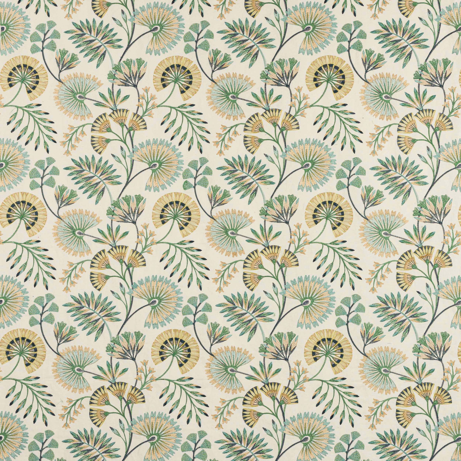 Green and blue botanical fan motif on a pale ground, with soft yellow accents