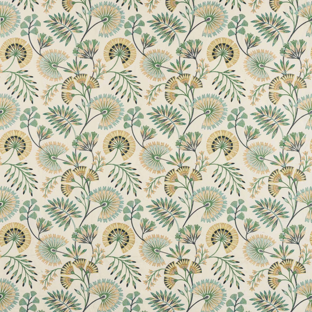 Green and blue botanical fan motif on a pale ground, with soft yellow accents